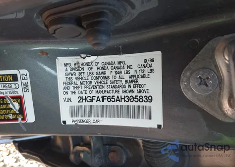 2010 Honda Civic Lx-S from USA, damaged, VIN 2HGFA1F65AH305839